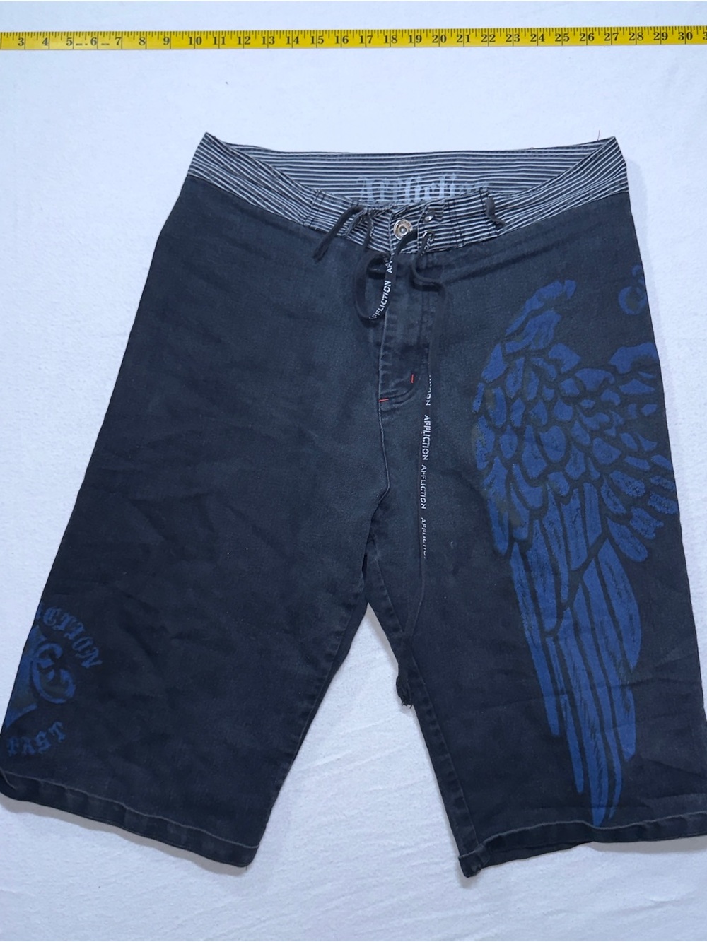 Y2K affliction board shorts, denim two tone board shorts, winged shorts